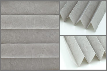 Tkanina Crush Pearl 5176 w kolorze szarym o elegancko pomarszczonej fakturze, przepuszczająca światło	