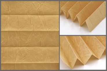 Tkanina Crush Pearl 5177 w kolorze ciemnożółtym o elegancko pomarszczonej fakturze, przepuszczająca światło	