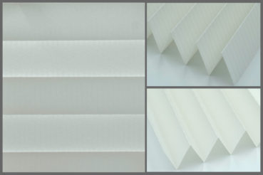 Tkanina plisowana Tosca Pearl 6732 z zaciemniającą strukturą w kolorze białym i srebrzystym tyłem odbijającym promienie słoneczne	